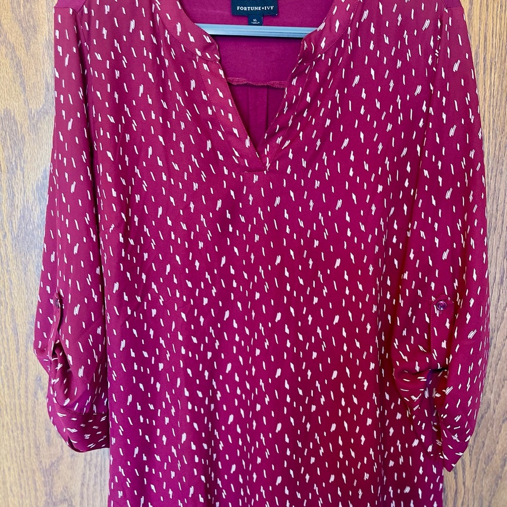 Burgundy Relaxed Blouse with 3/4 Sleeves and Mandarin Collar